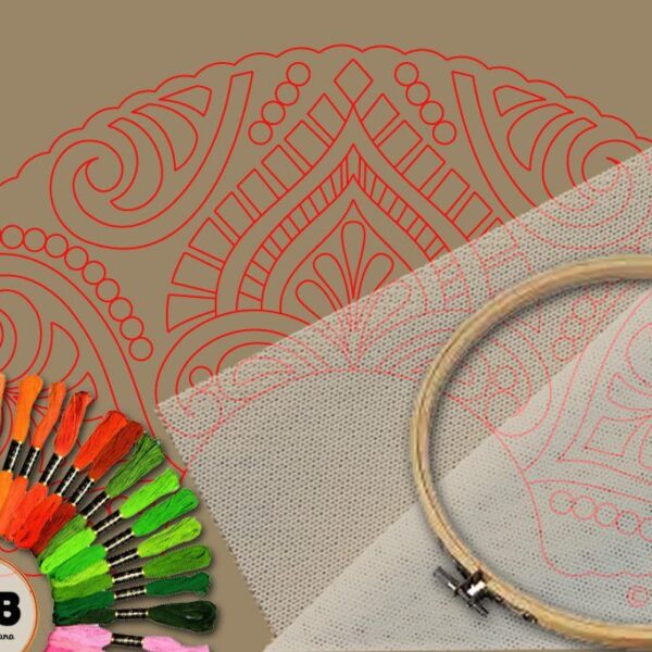 Abanico simbólico en bordado sobre tul – Patrón 04 en papel kraft y PDF